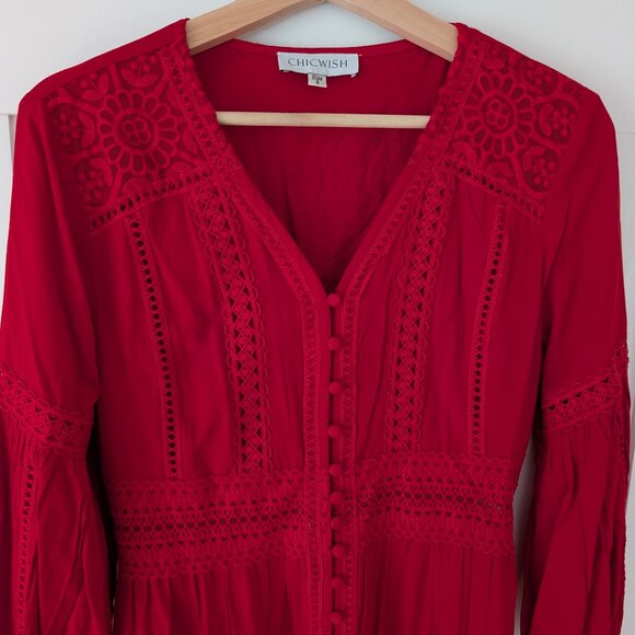 CHICWISH Button Down Crochet Embroidered Boho Maxi Dress in Red, size S - Picture 7 of 8
